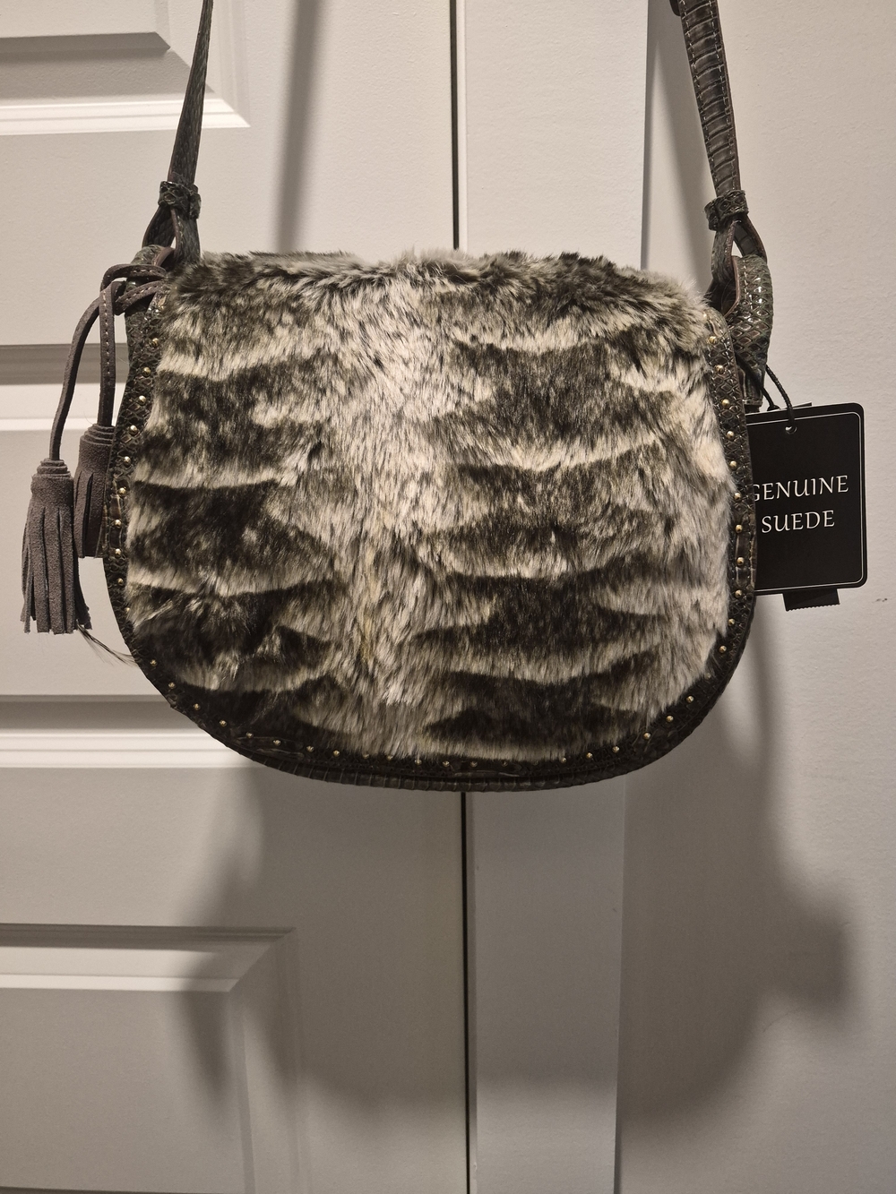 Steve Madden Gray Faux Fur Saddle Crossbody Bag